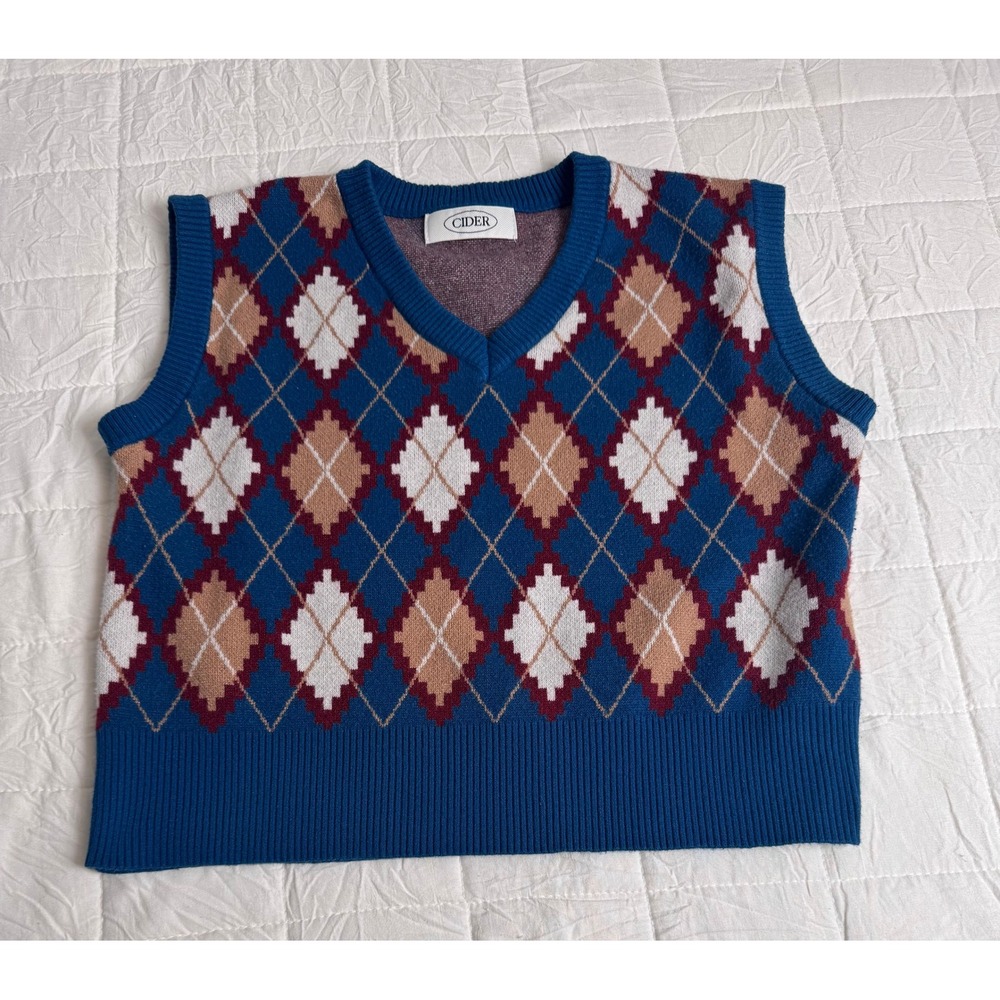 CIDER Argyle Knit Vest Blue Tan White Burgundy V Neck Sweater‎